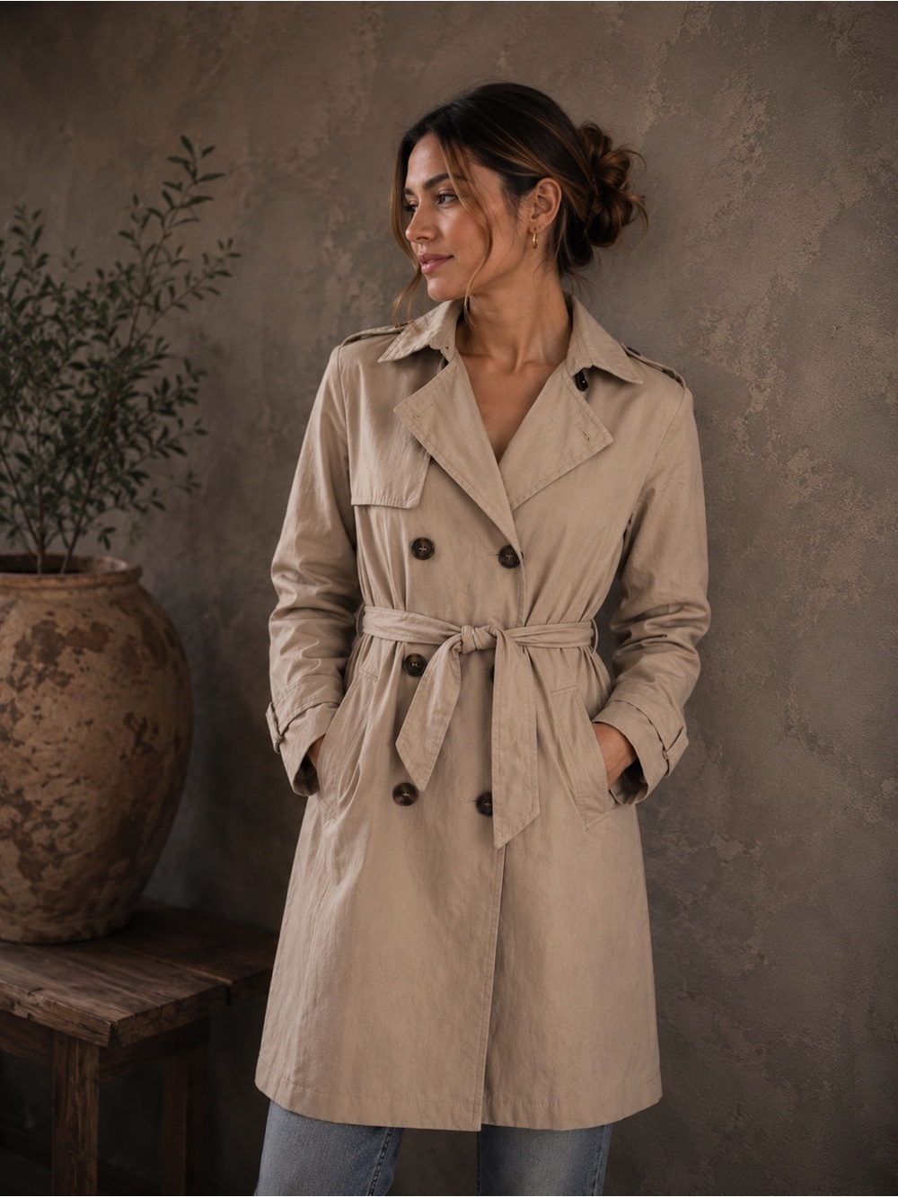 Womens Beige Large Tied Belted Trench Coat Large